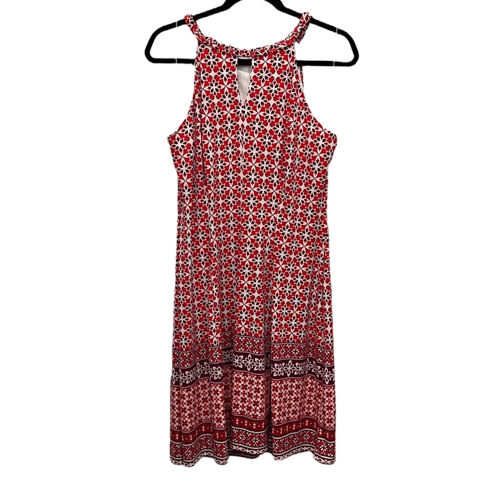 Wisp Women Red Burgundy Floral Geometric Pattern Keyhole Sleeveless Dress - 16